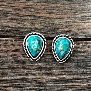 Turquoise Teardrop Stud Earrings in Silver ~ 13mm Drop Gemstone Stud Earrings
